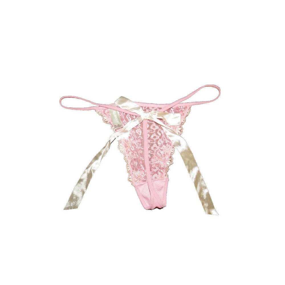 Vintage Glamour Pink Mesh Embroidered Thong Panties Satin Back Bow Size XL - Picture 6 of 14